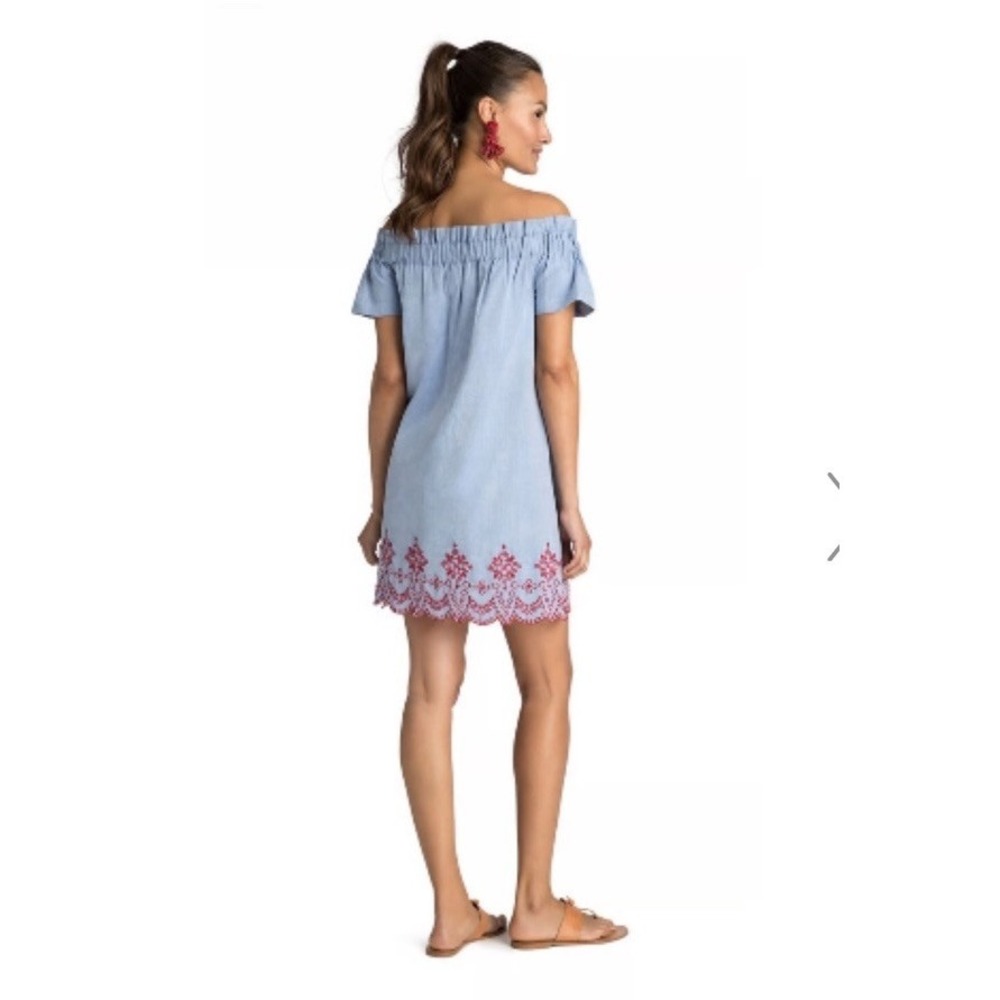 Vineyard Vines Dress Off Shoulder Red Embroidered Oxford Preppy Small Cotton - Picture 2 of 10